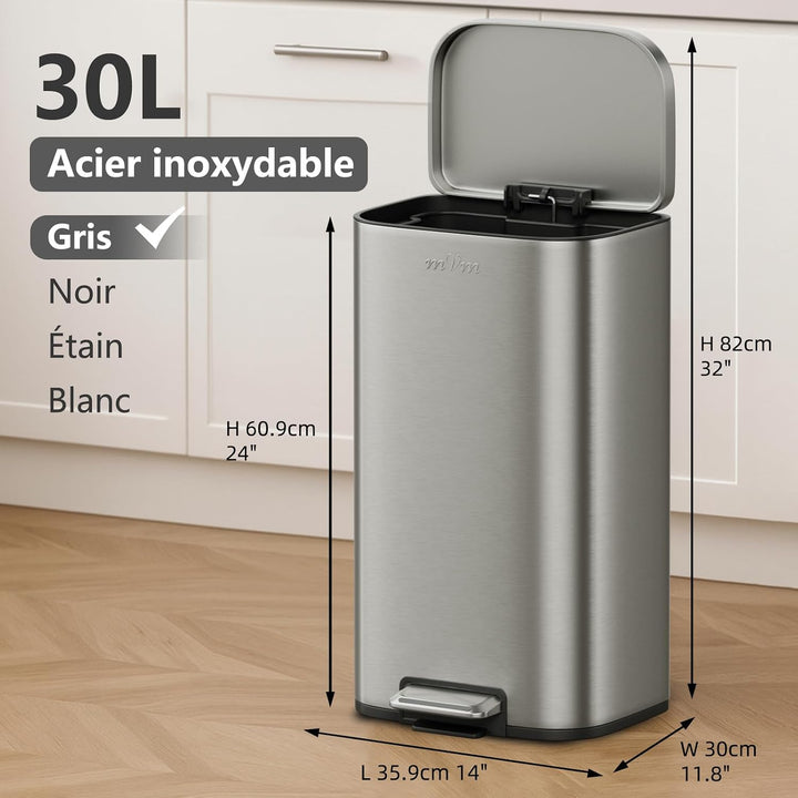 mVm Mülleimer Küche 36L, Mülleimer Bad, Abfalleimer Edelstahl, Grau Grau 36L, Grau 36L
