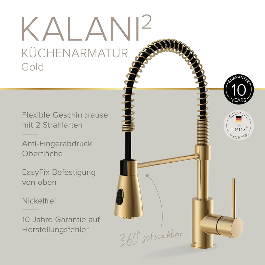 Lenz Küchenarmatur KALANI² in Gold-Optik – Pendelbrause mit 2 Strahlarten &amp; 360° schwenkbarer Bogena