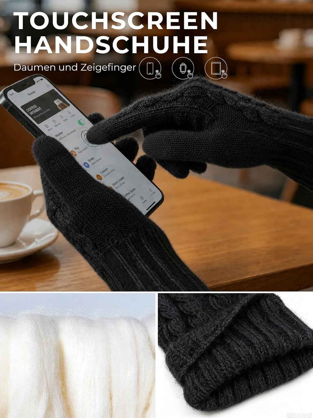 Alpaka Handschuhe Damen Winterhandschuhe Touchscreen Warm L Schwarz, L Schwarz