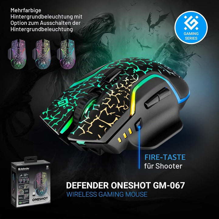 Defender® Oneshot Gaming Maus Kabellos – 2.4 GHz Wireless, 3200 DPI, RGB, 5 Programmierbare Tasten,