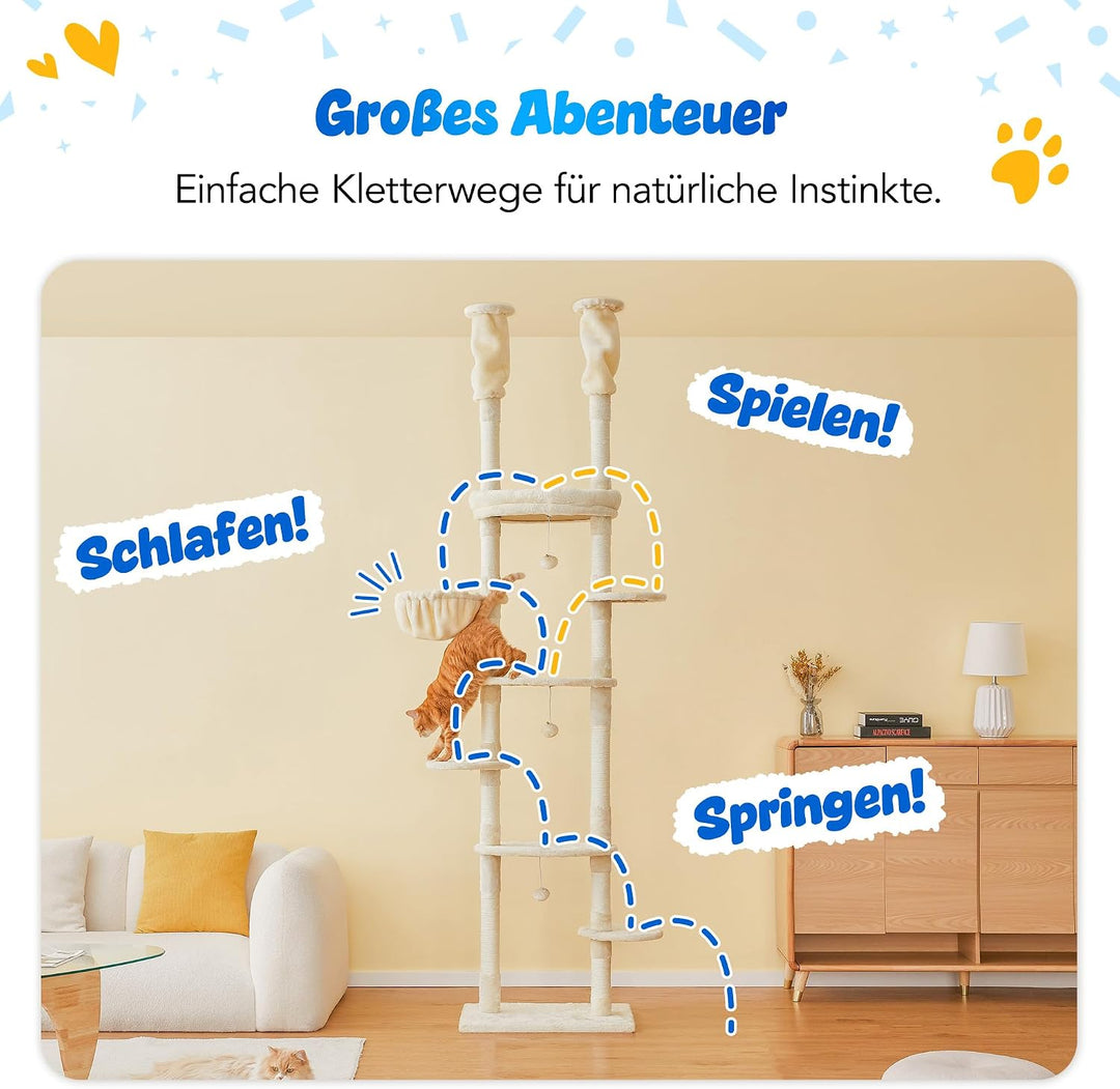 Deckenhoher Katzenbaum 234-259 cm höhenverstellbar, 2-Säulen-Design mit 12 Sisal-Pfosten, mehrstöcki