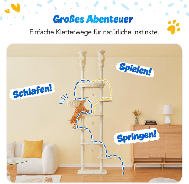 Deckenhoher Katzenbaum 234-259 cm höhenverstellbar, 2-Säulen-Design mit 12 Sisal-Pfosten, mehrstöcki
