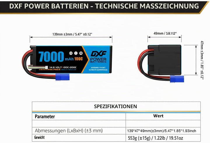 DXF 4S Lipo Batterie 14,8 V 100 C 7000 mAh Hartbatterie mit EC5-Stecker für RC 1/8 und 1/10 Auto RC