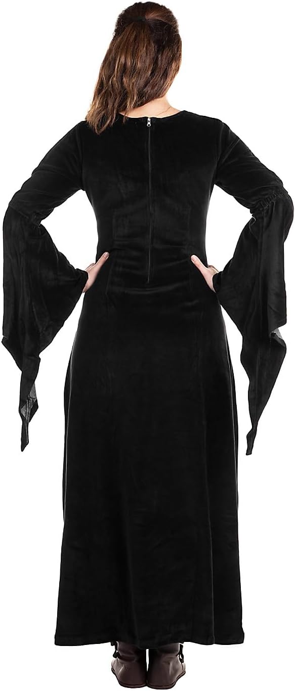 Maskworld Mittelalter Samtkleid – Bodenlanges Damen-Maxikleid mit Trompetenärmeln – Gothic &amp; LARP Bu