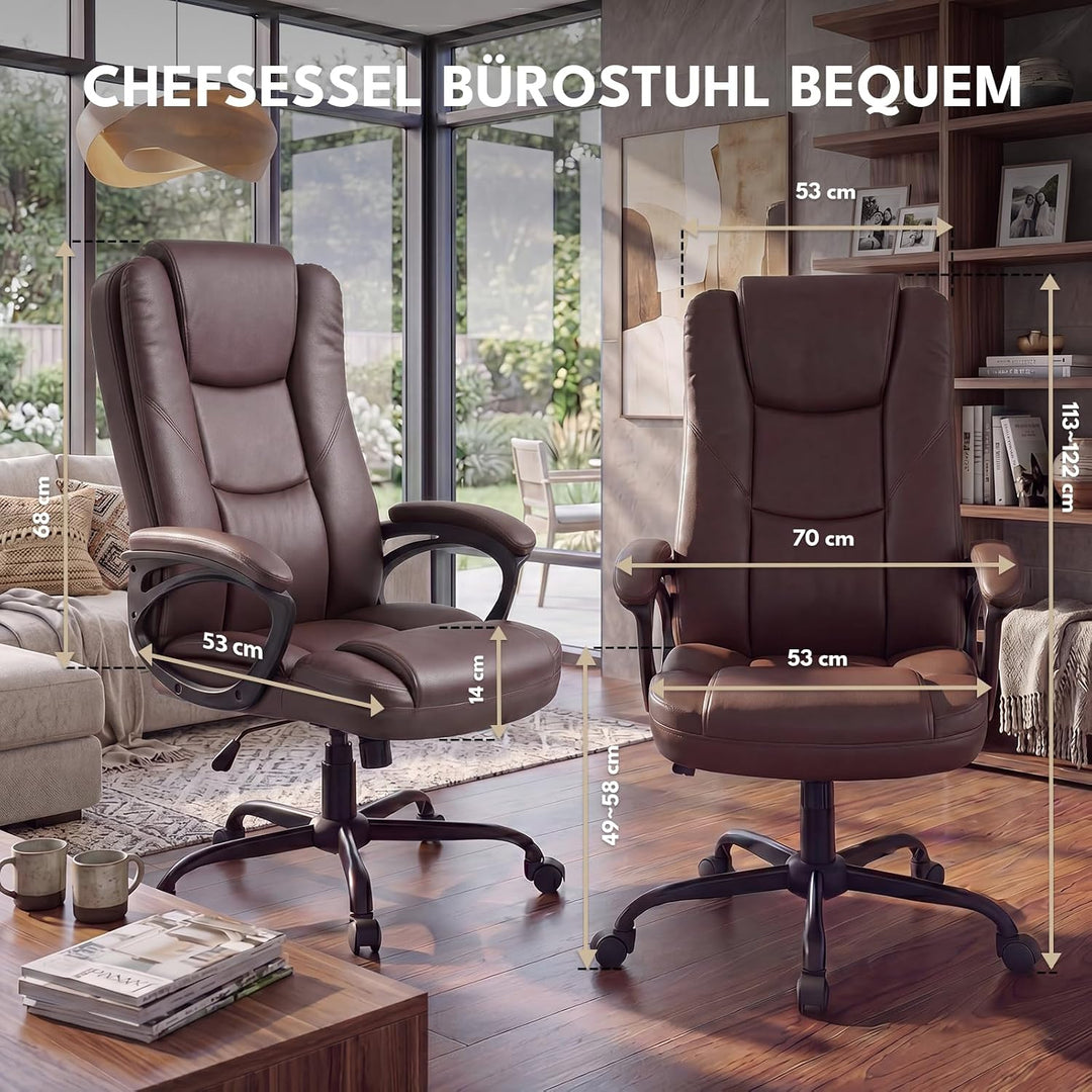 Bürostuhl mit Wippfunktion 150kg, Chefsessel Hohe Rückenlehne Braun, Braun