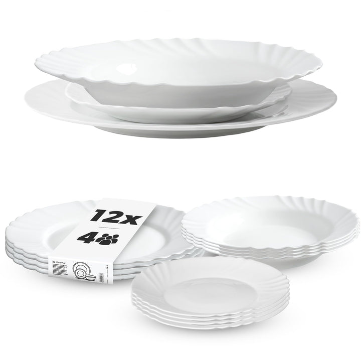 KADAX Geschirrservice 12-teilig, Geschirrset für 4 Personen, Tafelservice mit Suppenteller, Dessertt