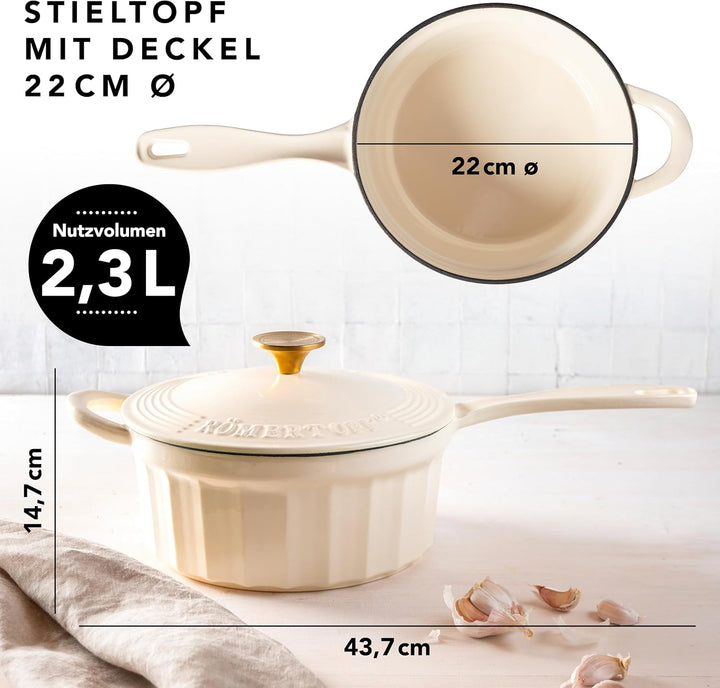 Römertopf Stielkasserolle Gusseisen 22 cm 2,3 L mit Deckel, Creme, Creme