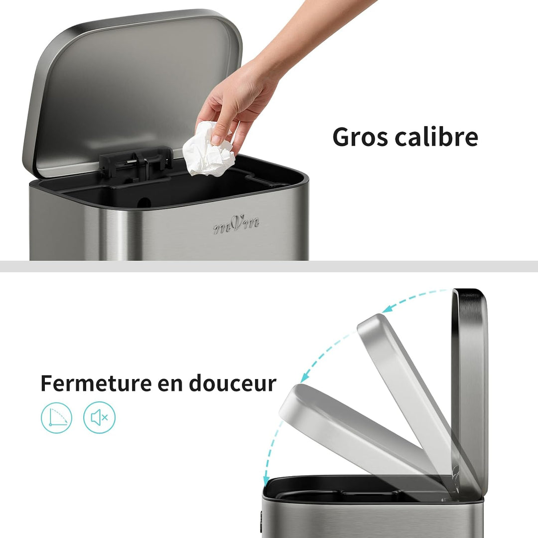 mVm Mülleimer Küche 36L, Mülleimer Bad, Abfalleimer Edelstahl, Grau Grau 36L, Grau 36L