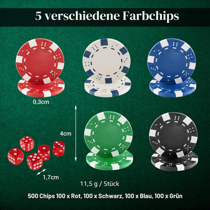 HOMASIS Pokerset mit 500 Chips, Poker Koffer mit 2 Kartendecks, 5 Würfel, Kasino-Matte, 3 Dealer But