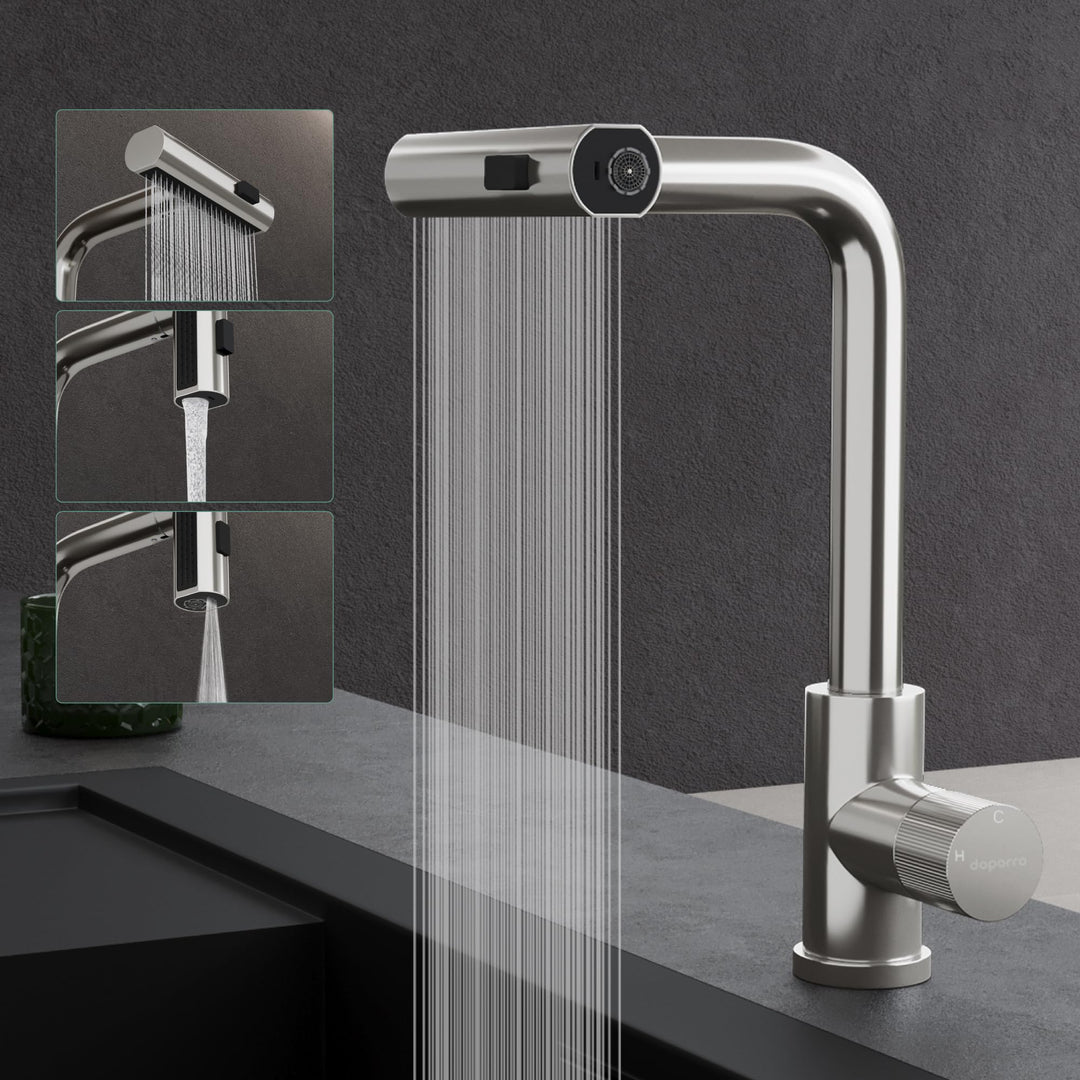 Mai &amp; Mai Küchenarmatur mit ausziehbarer Brause, Silber | Wasserhahn Küche 360°Schwenkbar, 3 Wassers