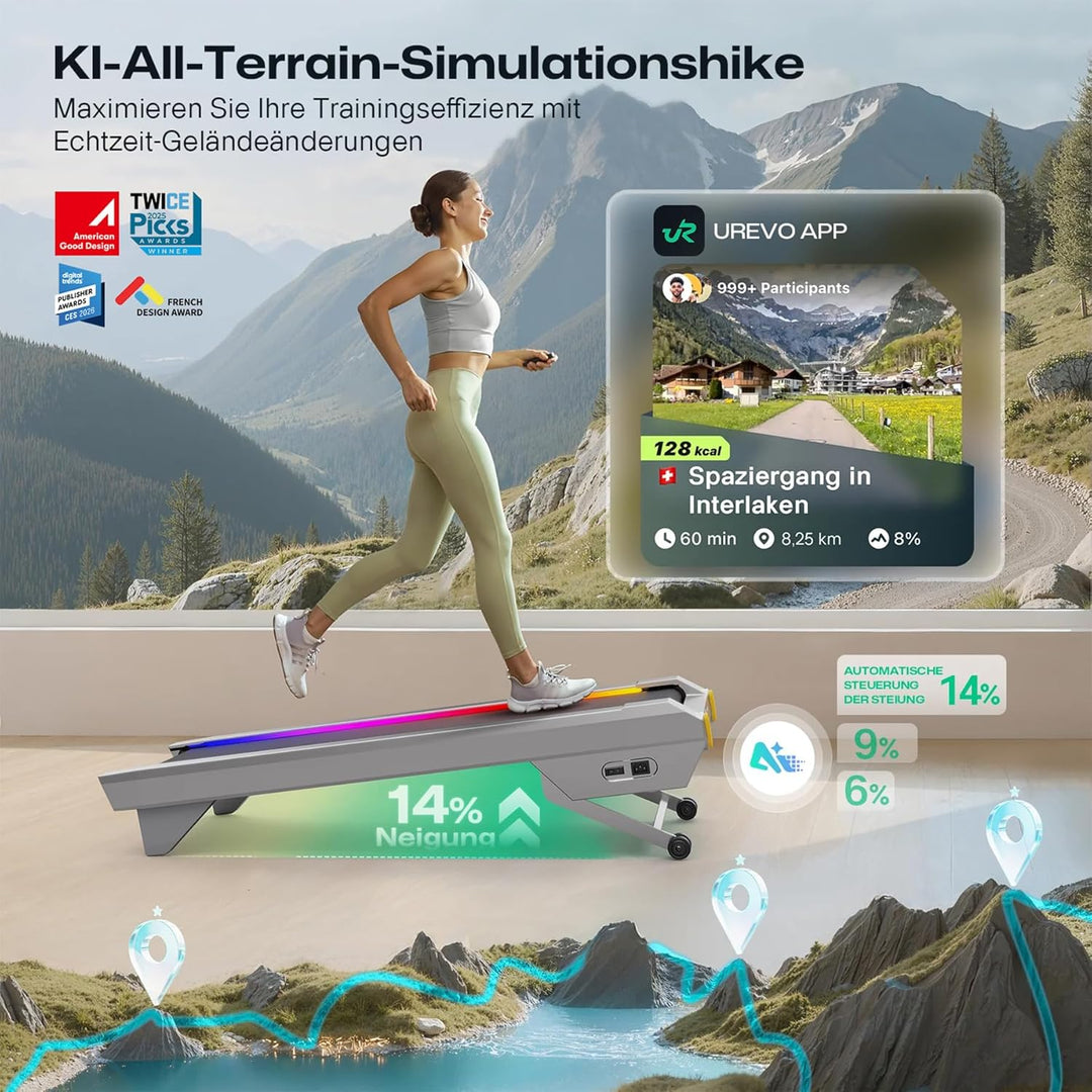 UREVO CyberPad Smart Walking Pad mit 14% Automatik-Steigung, Schlankes Untertisch-Laufband für Fitne