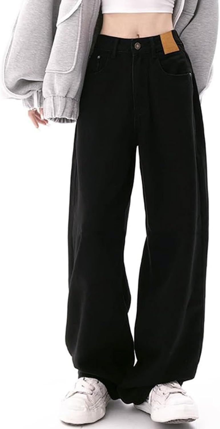 Damen Baggy-Jeans mit hoher Taille weites Bein Denim-Hose 90er-Jahre-Streetwear gerade Beinhose lock