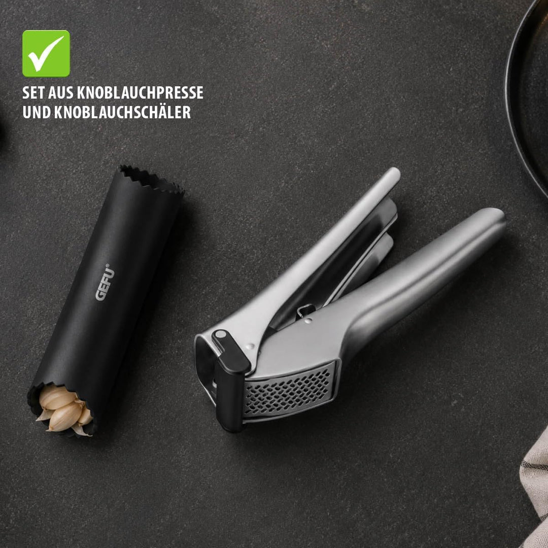 GEFU Knoblauchpresse GARLICO + Knoblauchschäler TUBIO Set – Edelstahl, spülmaschinenfest, ergonomisc