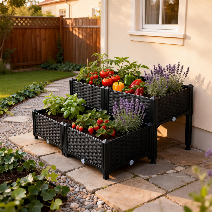 Mingone 4X Blumenkasten Rattan Optik Blumentopf aus Kunststoff Blumenkasten Balkonkasten mit Wassers