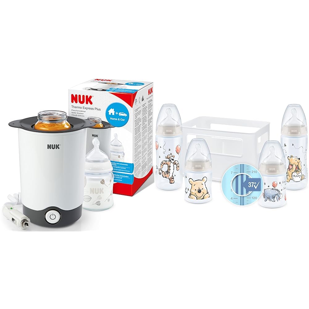 NUK Thermo Express Plus Flaschenwärmer &amp; First Choice+ Babyflaschen Starter Set | 0–6 Monate | 4 Fla
