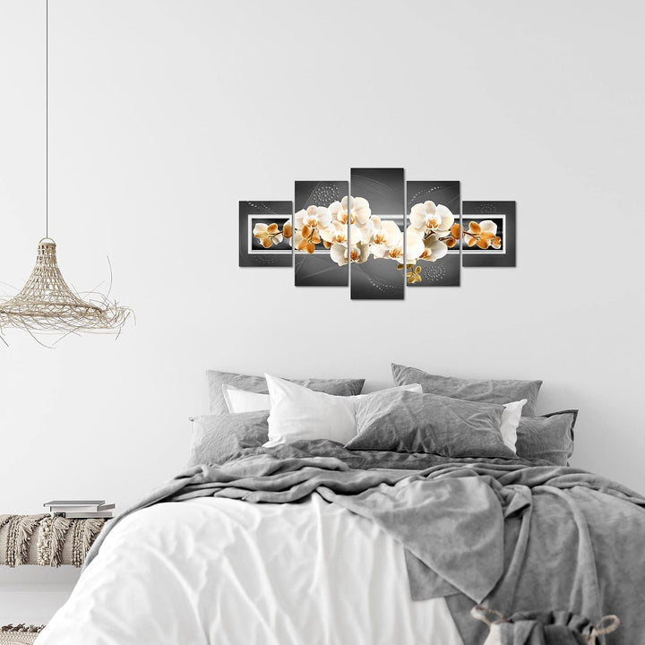 Runa Art Wandbilder Blumen Orchidee 5 Teilig Bild auf Vlies Leinwand Deko Wohnzimmer Abstrakt Grau B