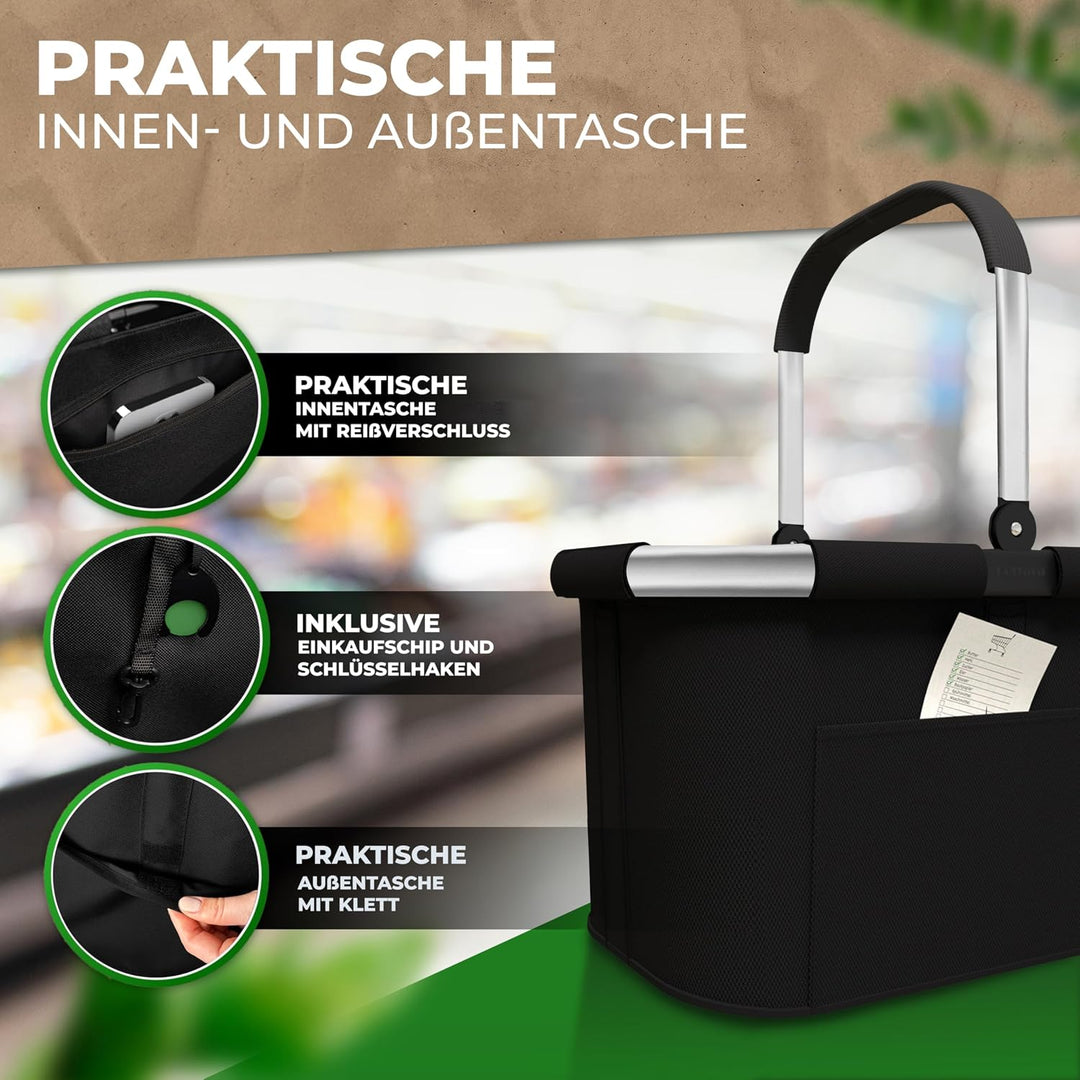 Cottara® 30L Einkaufskorb – stabiler Tragekorb mit Henkel, Schwarz Silber, Schwarz Silber