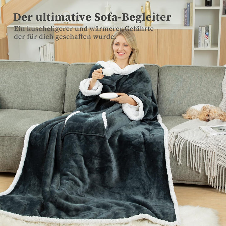 Winthome Kuscheldecke mit Ärmeln Dick, Wolldecke Warm Winter, Sherpa Decke mit Tasche, Fleecedecke W