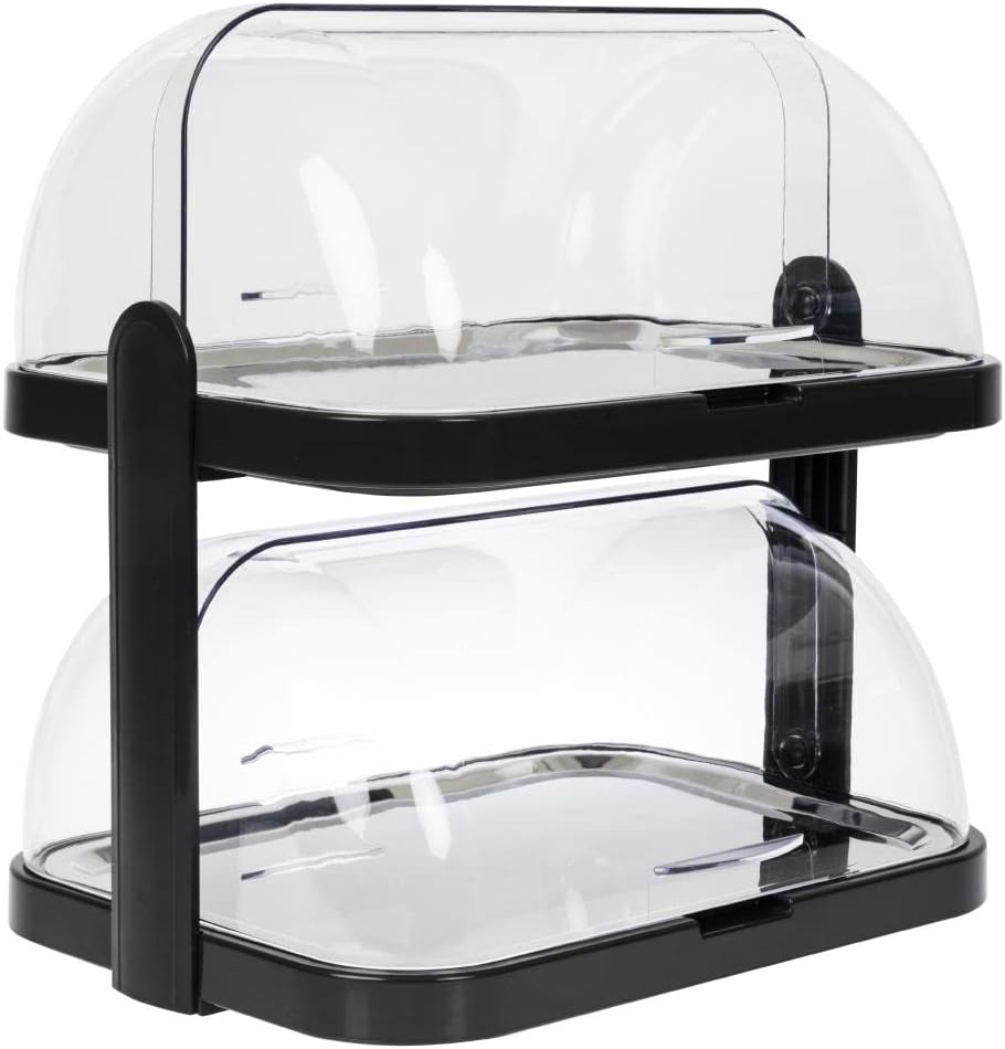 APS 9204 Buffetvitrine „Doppeldecker“ – 2 beidseitig aufklappbare, transparente Rolltophauben, 2 Ede