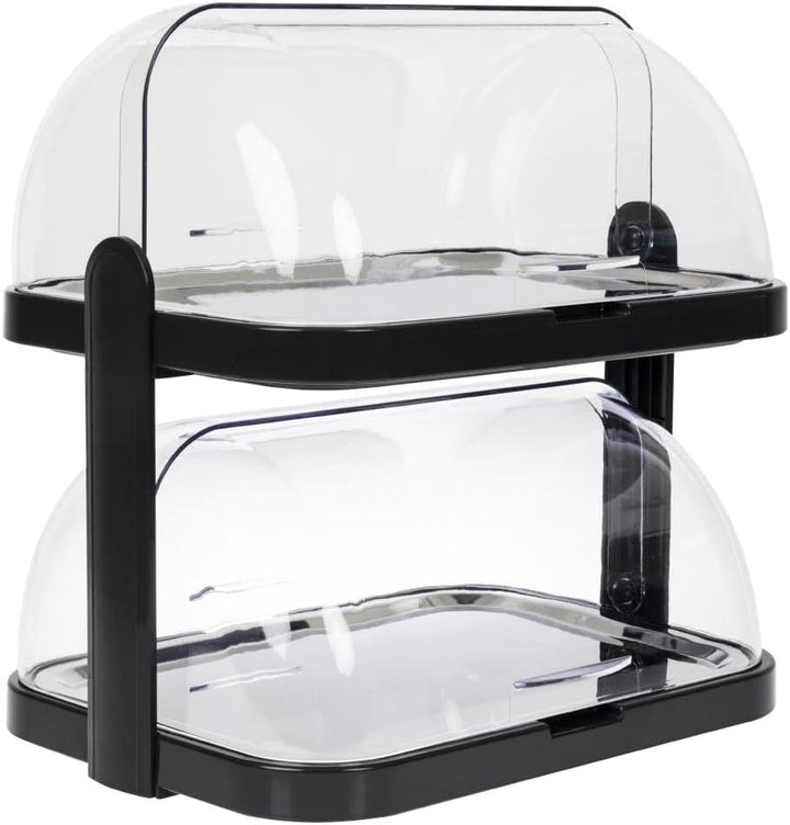 APS 9204 Buffetvitrine „Doppeldecker“ – 2 beidseitig aufklappbare, transparente Rolltophauben, 2 Ede