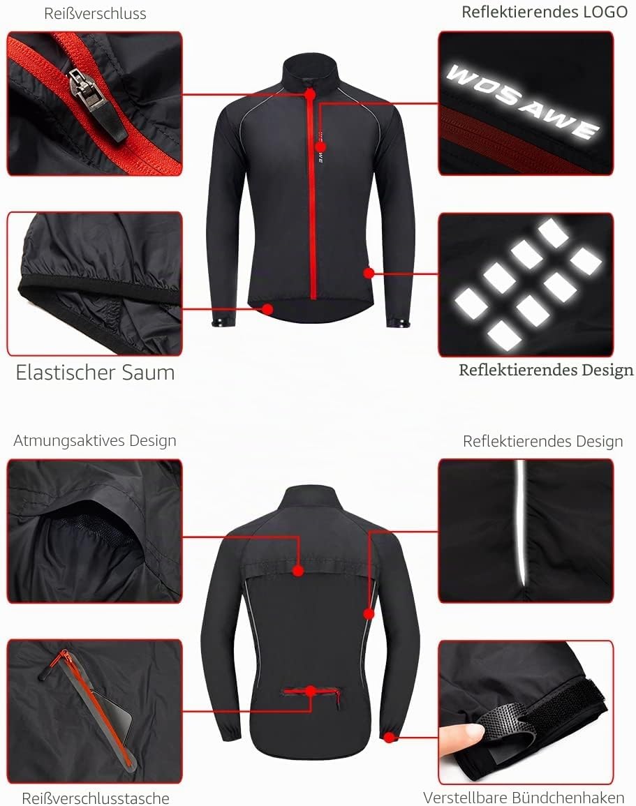 WOSAWE Herren-Fahrradjacke, Winddichte Radjacke Ultraleichte Sportbekleidung mit Reflektierendem Trä