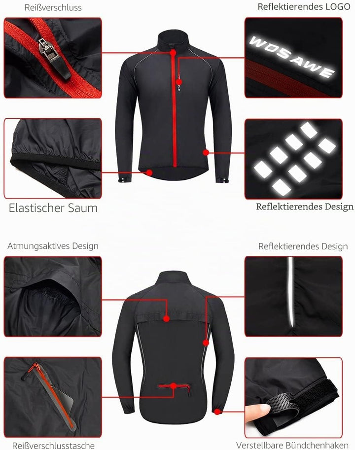 WOSAWE Herren-Fahrradjacke, Winddichte Radjacke Ultraleichte Sportbekleidung mit Reflektierendem Trä