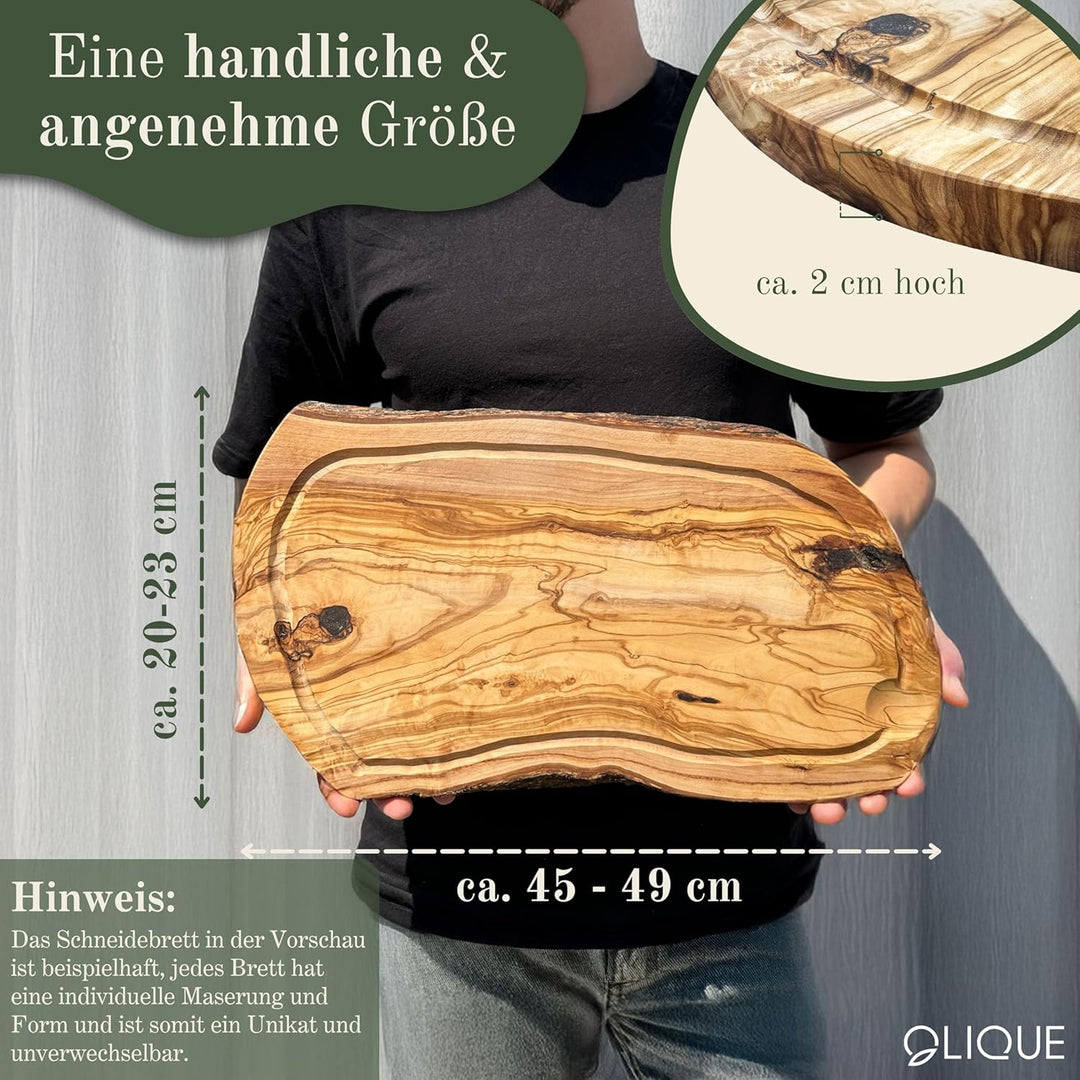 Schneidebrett personalisiert, Olivenholz - Rustikales Holzbrett mit Gravur und umlaufender Saftrille