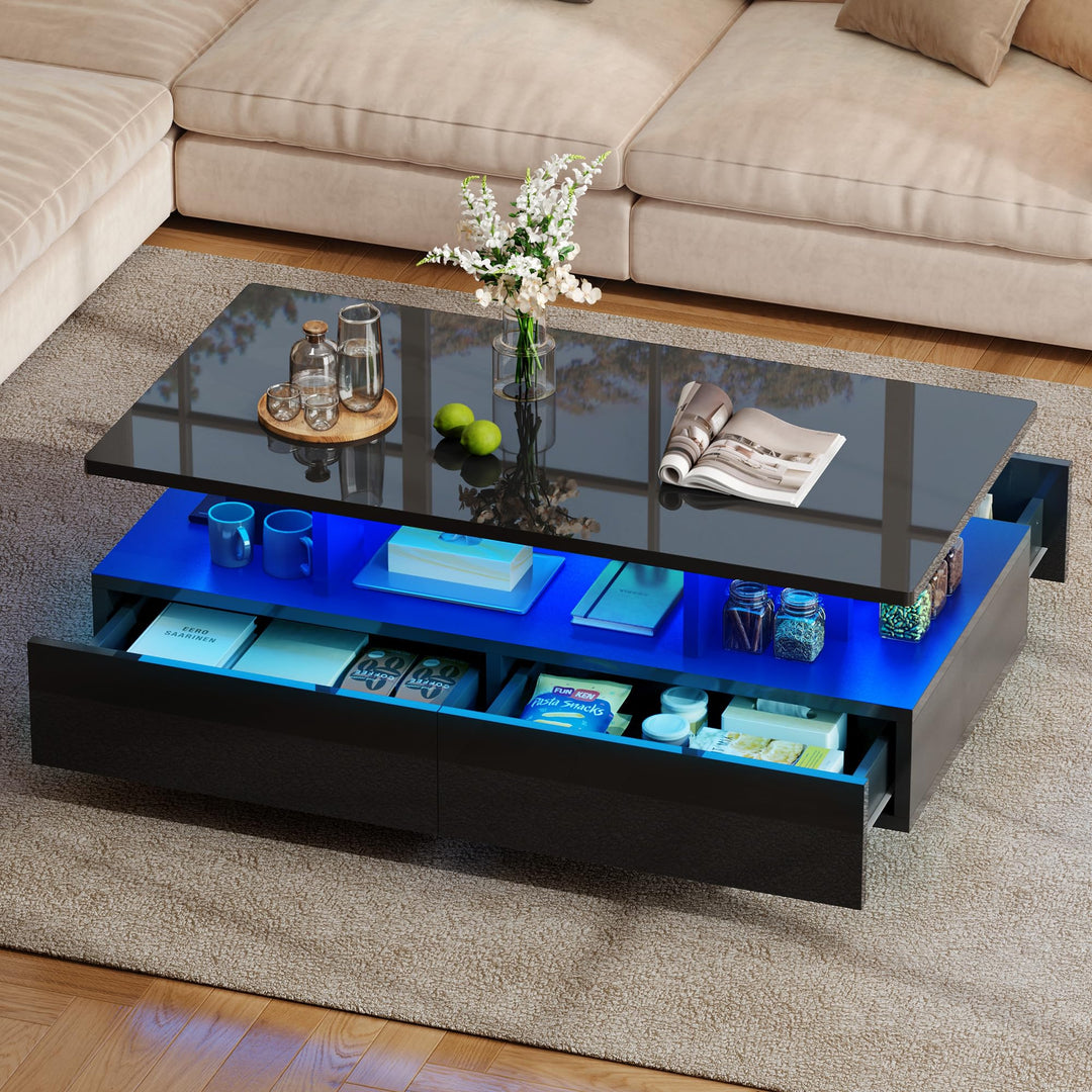 DWVO Couchtisch Modern, Wohnzimmertisch Hochglanz mit LED Beleuchtung, Kaffeetisch mit Offenem Ausst