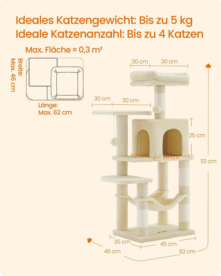 Feandrea Kratzbaum, 112 cm hoch, Katzenbaum, mehrstöckiges Katzenhaus, mit 4 Kratzsäulen, 2 Plattfor