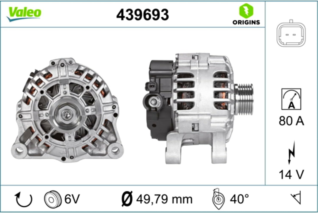 VALEO 439693 Generator Ladestrom des Generators: 80 Amp Rippen: 6 rippen Riemenscheibe Ø: 50 mm Span