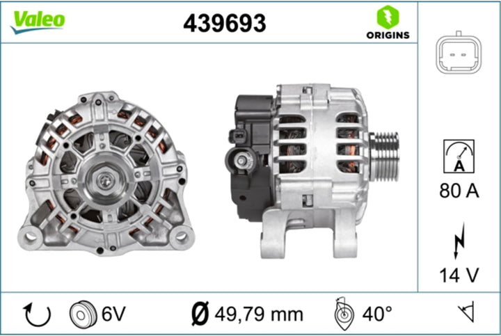 VALEO 439693 Generator Ladestrom des Generators: 80 Amp Rippen: 6 rippen Riemenscheibe Ø: 50 mm Span
