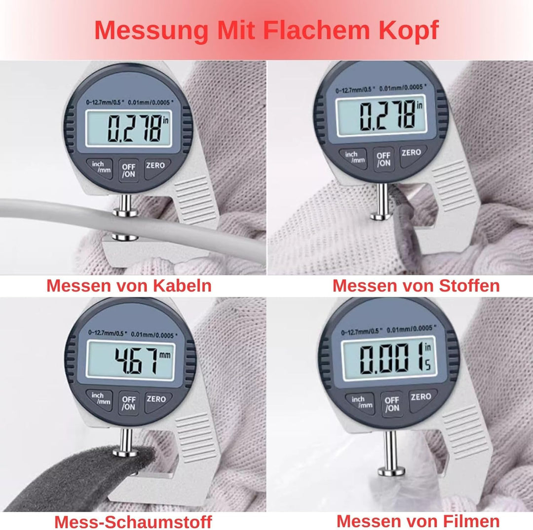 Dickenmessgerät, Digital Thickness Gauge Flat Measure Head Precise LCD Display Readout Percentage El