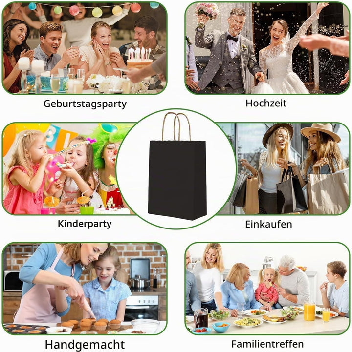 Gucass 50 Stück Mittel Papiertüten mit Henkel, Schwarz Kraft Papiertaschen Geschenktüten, 21x11x27cm