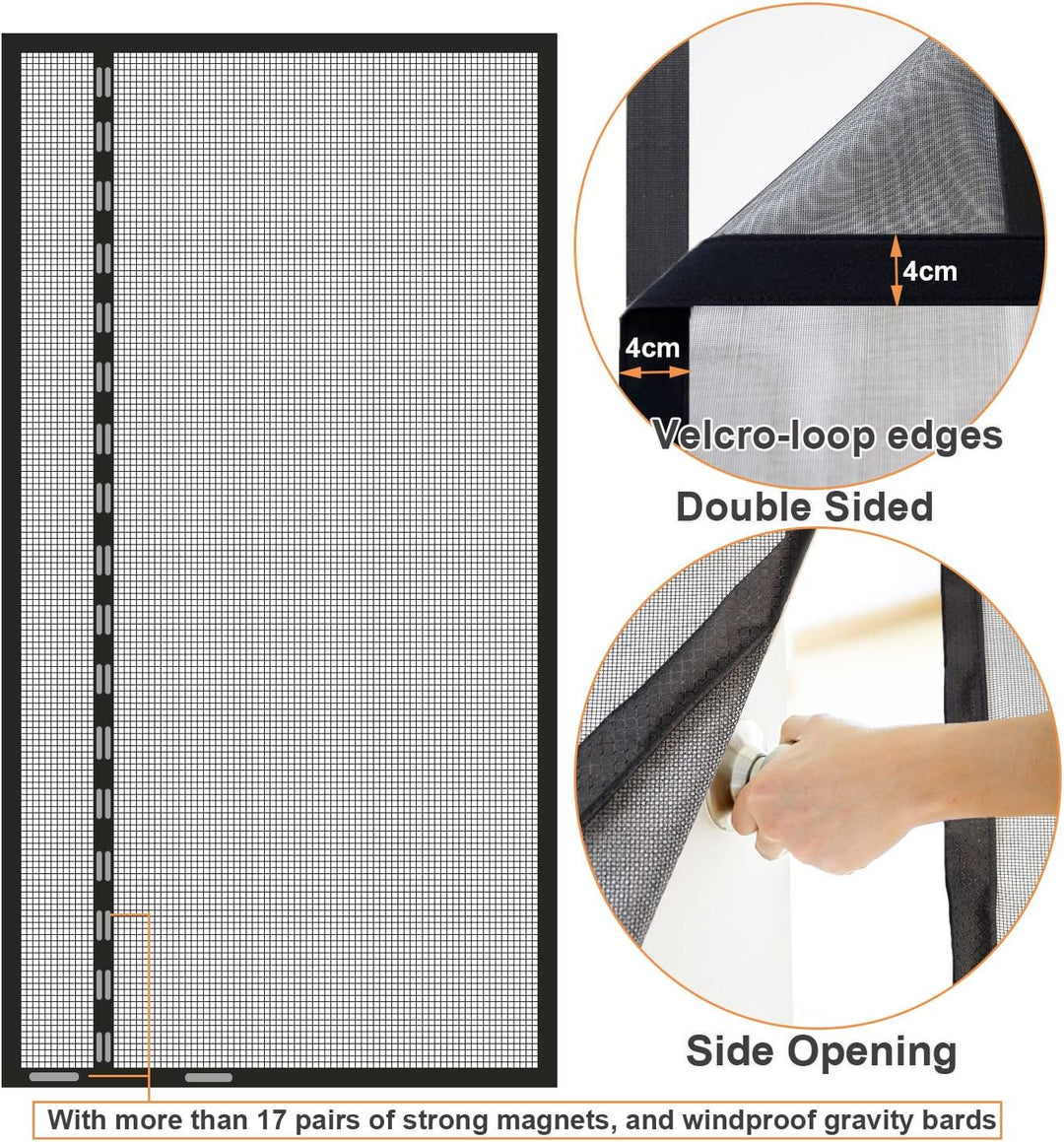 Risareyi Seitliche Öffnung Magnet Fliegengitter Balkontür 155x265cm Schwarz