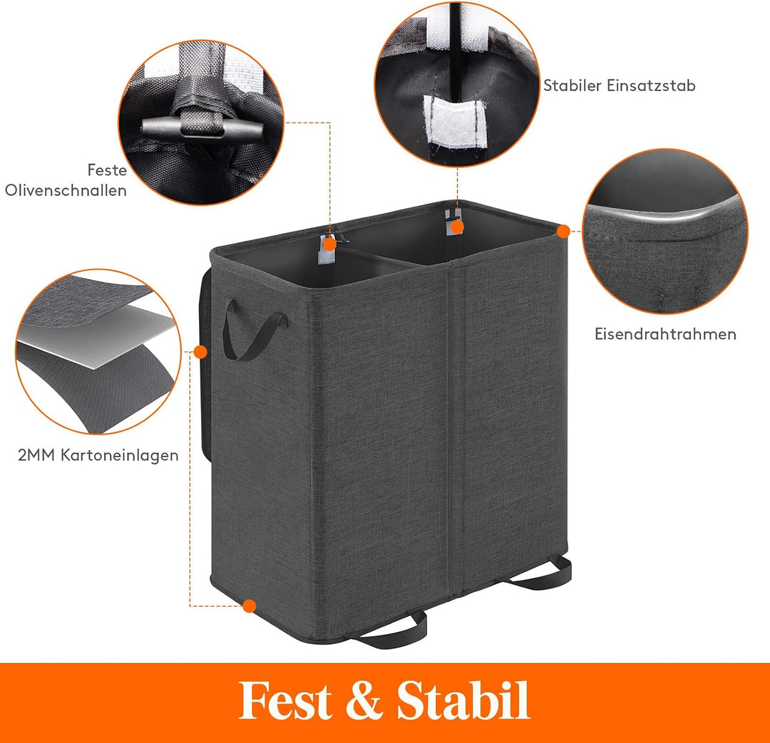 Lifewit Doppel Wäschekorb mit Deckel und abnehmbaren Wäschesäcken Schwarz 136L, Schwarz 136L