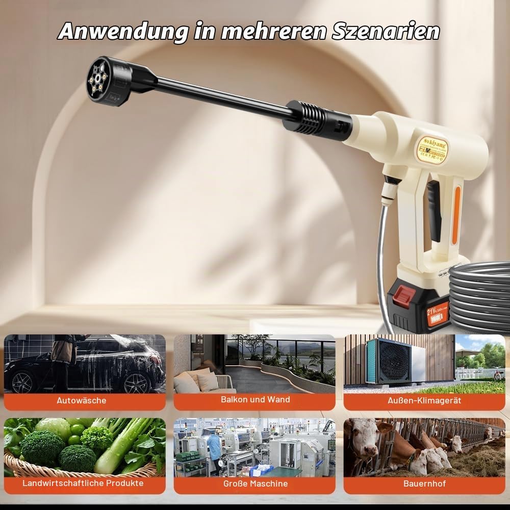 Akku Hochdruckreiniger 21V, Tragbarer Hochdruckreiniger Akku mit 2x4000mAh Akkus, 6-in-1 Multifunkti