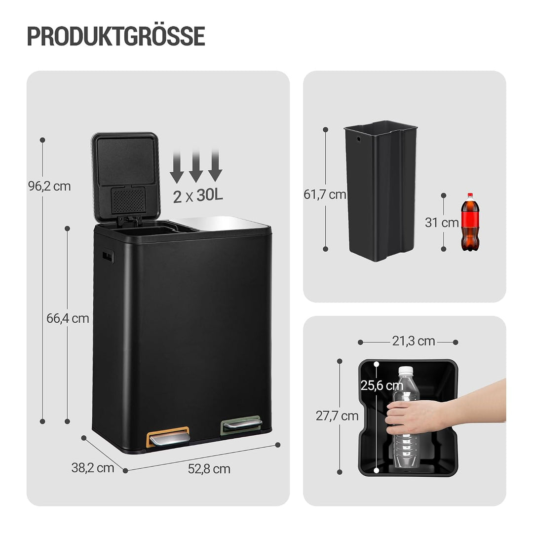 Hzuaneri Mülleimer Küche, Mülltrennsystem 2 Fächer 60L (2 x 30 L), Edelstahl-küchenmülleimer, Tretmü
