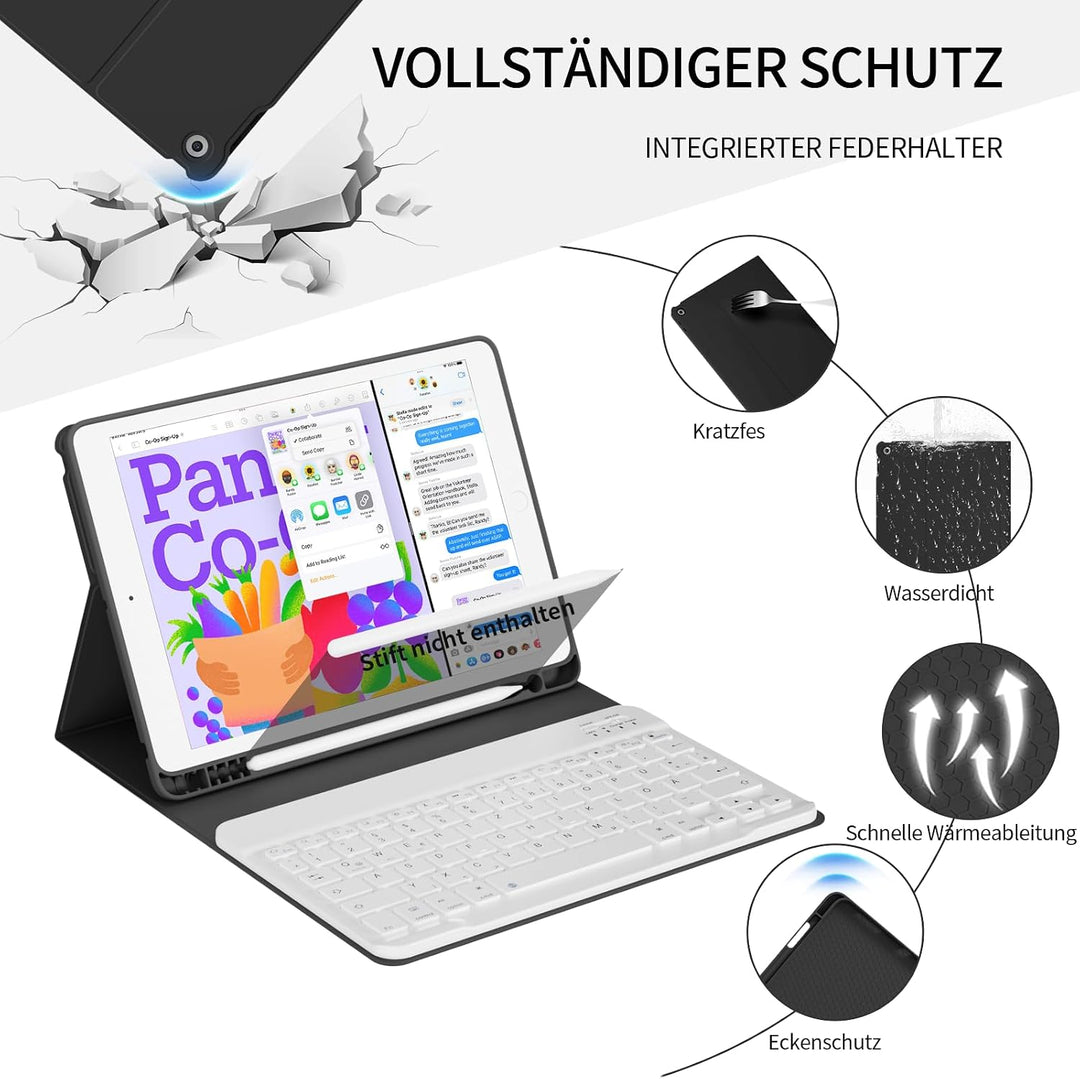 Bluetooth Tastatur Hülle für iPad 9./8./7. Generation, Schwarz, Schwarz