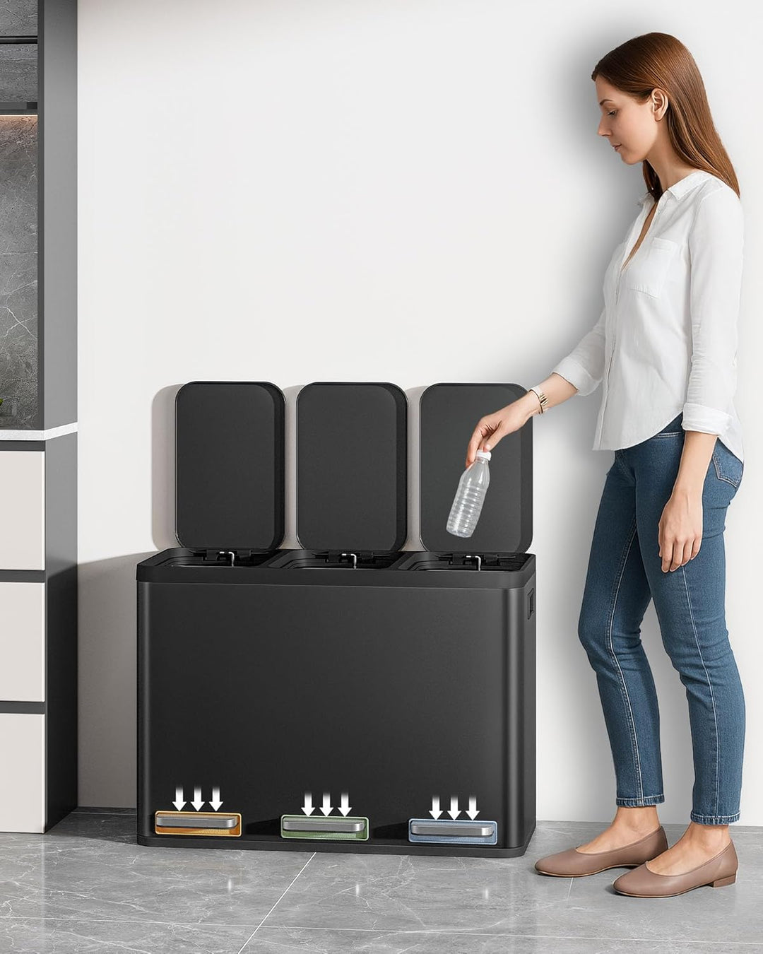 Hzuaneri Mülleimer Küche, Mülltrennsystem 3 Fächer 45L (3 x 15 L), Edelstahl-küchenmülleimer, Tretmü