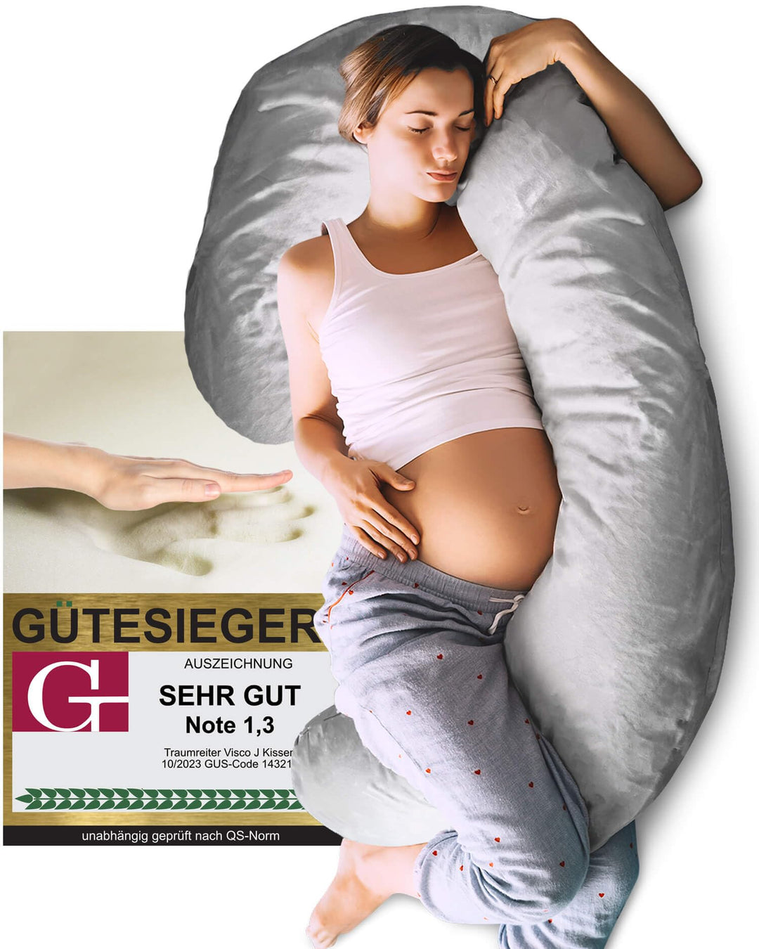 Traumreiter Seitenschläferkissen Visco J mit Bezug Silber. Hybrid Kissen + 1cm Memory Foam. J Form S