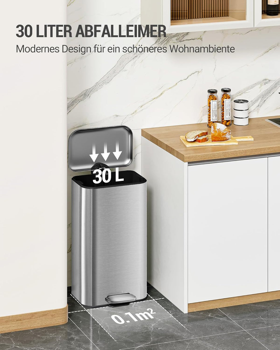 Hzuaneri Mülleimer Küche, 30L Abfalleimer mit Tretpedal, Tretmülleimer mit Softclose-Deckel und Inne