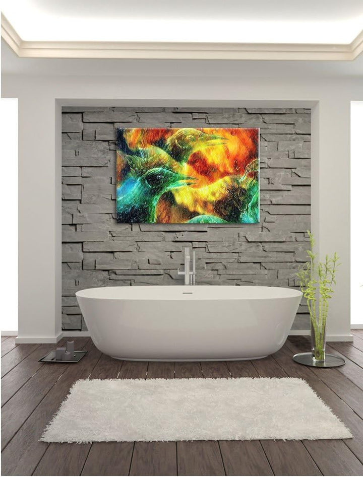 Pixxprint Vogel Phönix Collage Kunst Buntstift Effekt, Format: 100x70 auf Leinwand, 100x70
