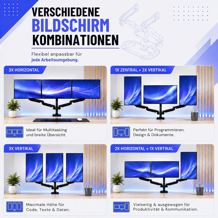 Monitor Halterung 3 Monitore für 14 bis 32 Zoll 360° Beweglichkeit