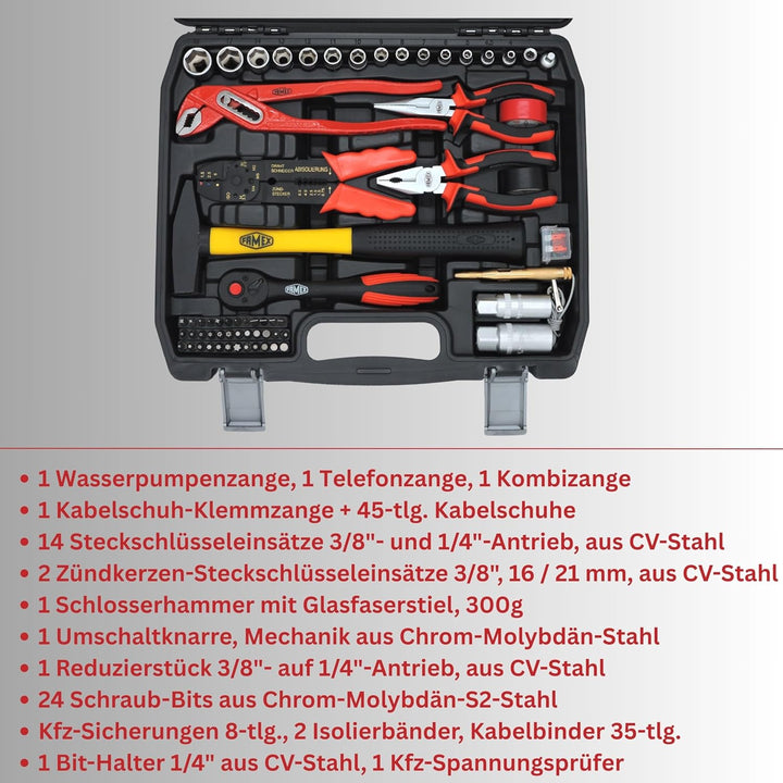 FAMEX 144-47 Werkzeugkoffer gefüllt mit hochwertigem Werkzeug Set bestückt, kompakt - alle Schraubwe