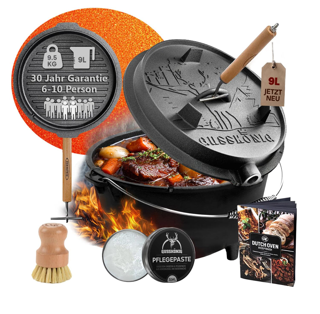 GUSSKÖNIG Dutch Oven Set [9L] - Eingebrannter Feuertopf mit innovativem 2in1 Deckelheber, Reinigungs