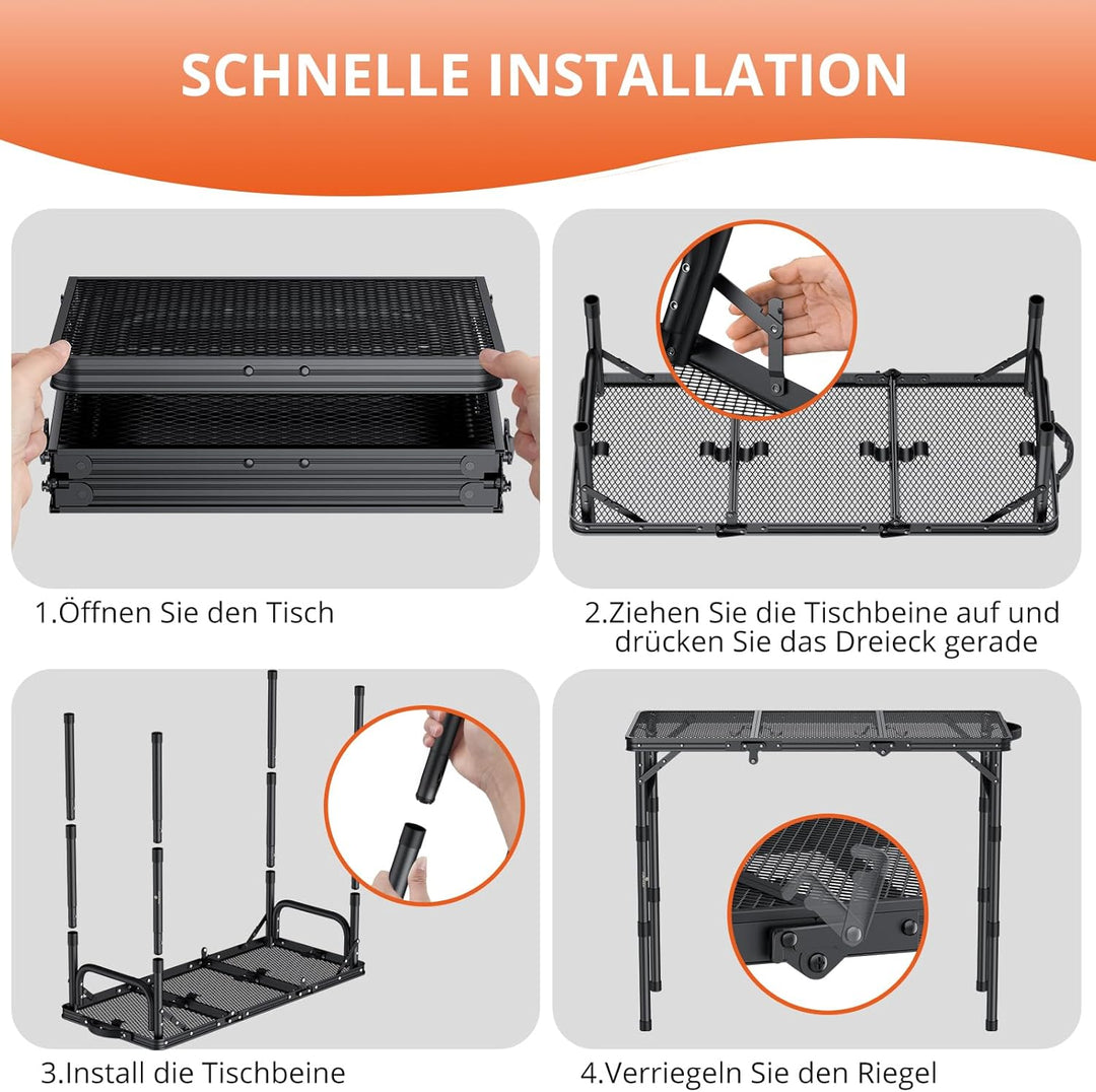 FUNYKICH Tragbarer Grilltisch 87 x 40cm,Campingtisch Outdoor Klappbar mit 3 Höhen Verstellbarer(26/4