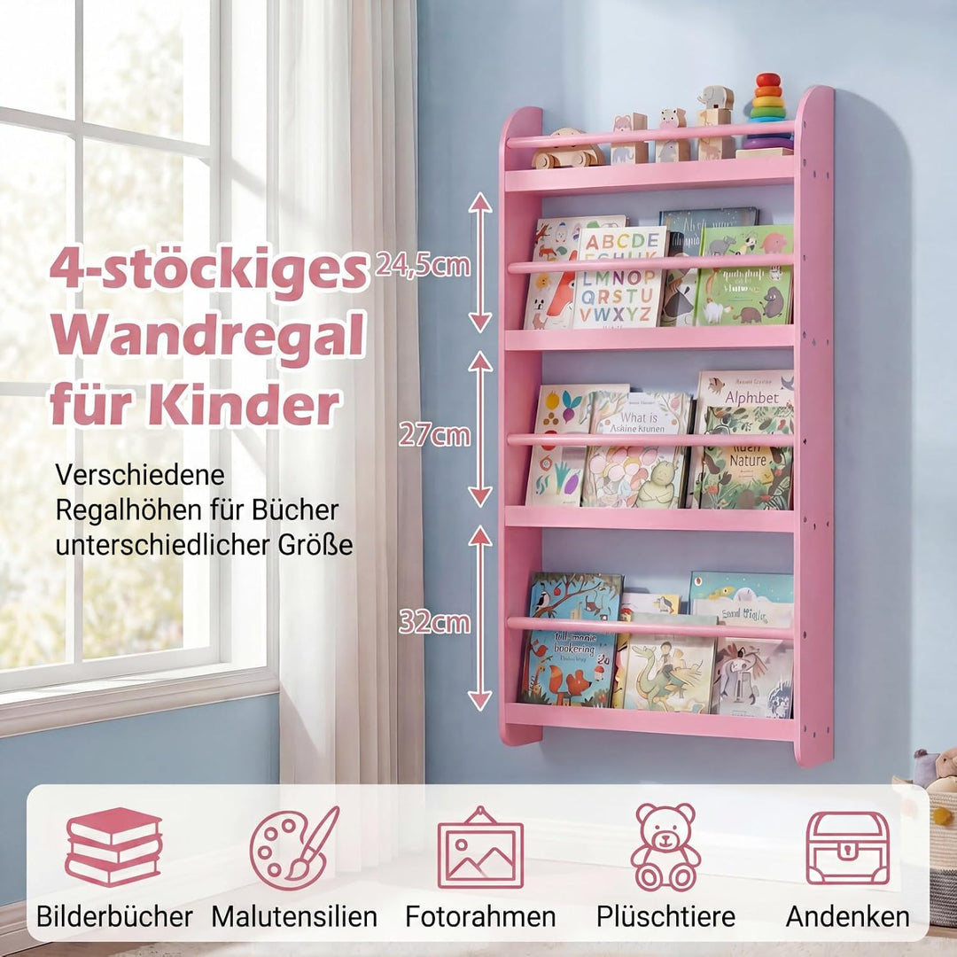 RELAX4LIFE Bücherregal Kinder, Kinderregal Wand mit 4 Fächern, platzsparendes Wandregal, Montessori