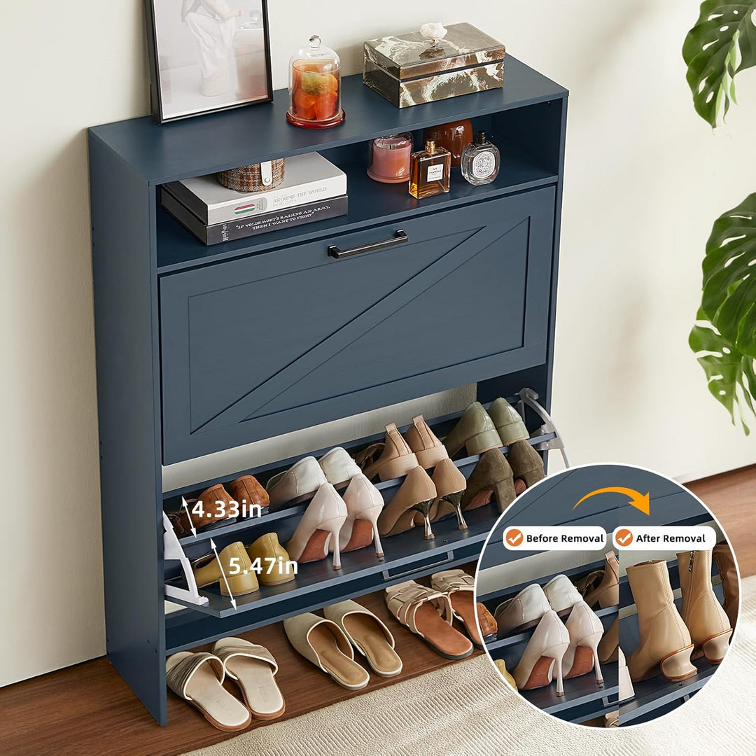 LELELINKY Blaue Schuhschrank, schuhregal mit 2 Klappen,offenen Fächern Schuhkipper,Holz Schmal Schuh