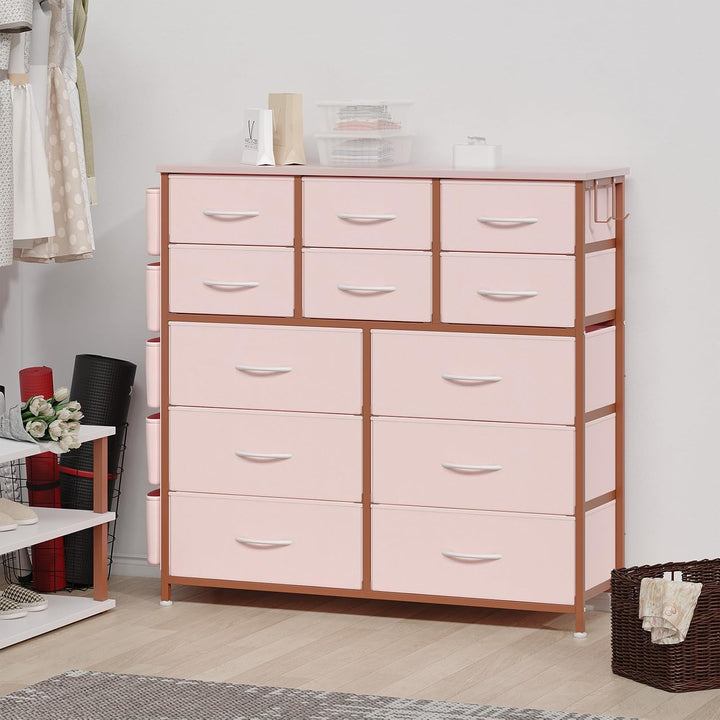 GarveeHome Stoffkommode 99x30x110 cm Metall MDF 12 Schubladen Pink Rosa, Rosa