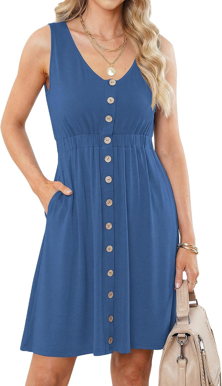 AUSELILY Sommerkleid Damen Ärmellos V-Ausschnitt Minikeid Casual Button Down Strandkleid mit Taschen